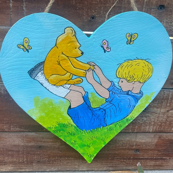 Winnie The Pooh and Christopher Robin Playing Hand Painted Acrylic on Wood - Picture 6 of 9